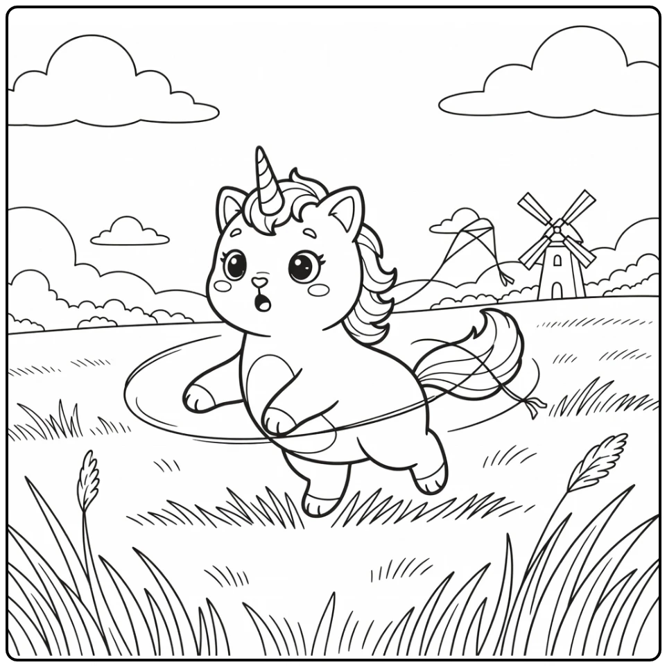 Unicorn cat coloring pages: surprised spin with kite on tail in field