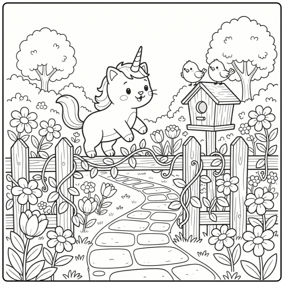 unicorn cat coloring pages: balancing on fence eyeing birds