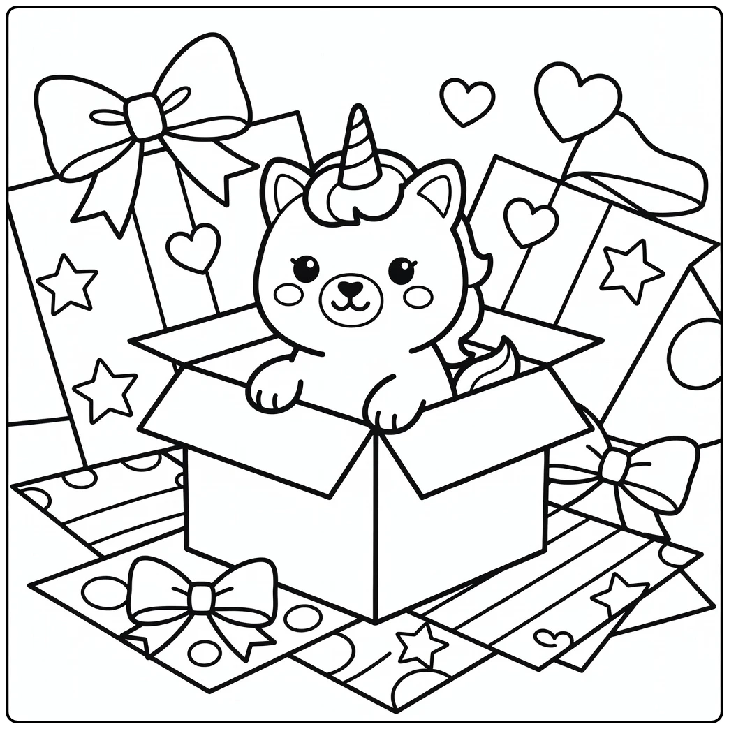 Unicorn cat peeking from box in unicorn cat coloring pages