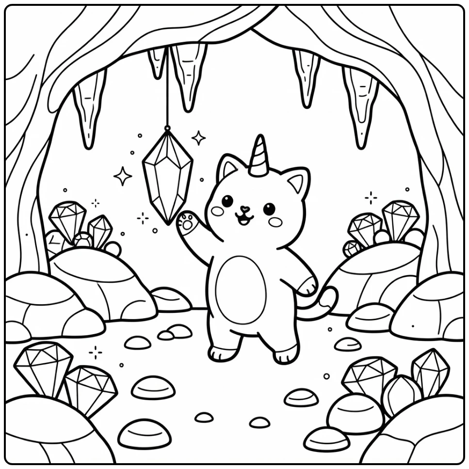 unicorn cat coloring pages: cat tapping crystal in gem cave