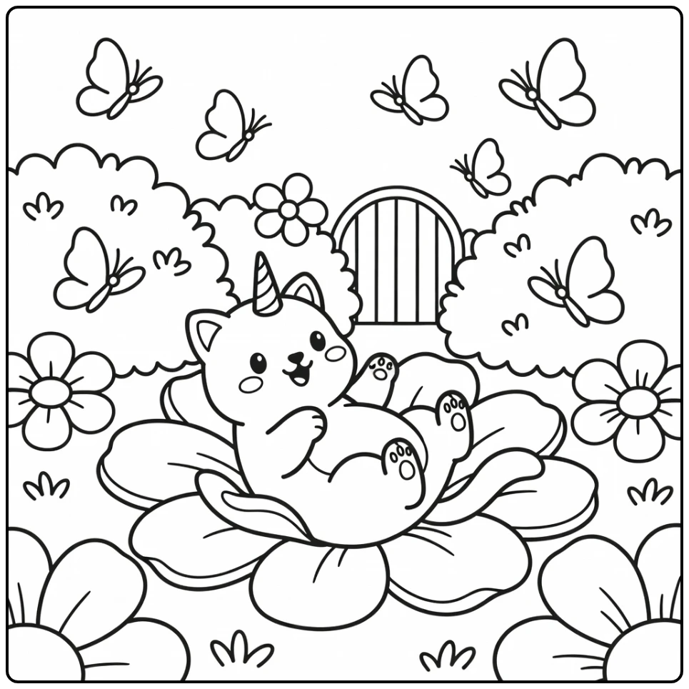 Unicorn cat coloring pages: playful cat rolls in giant petals
