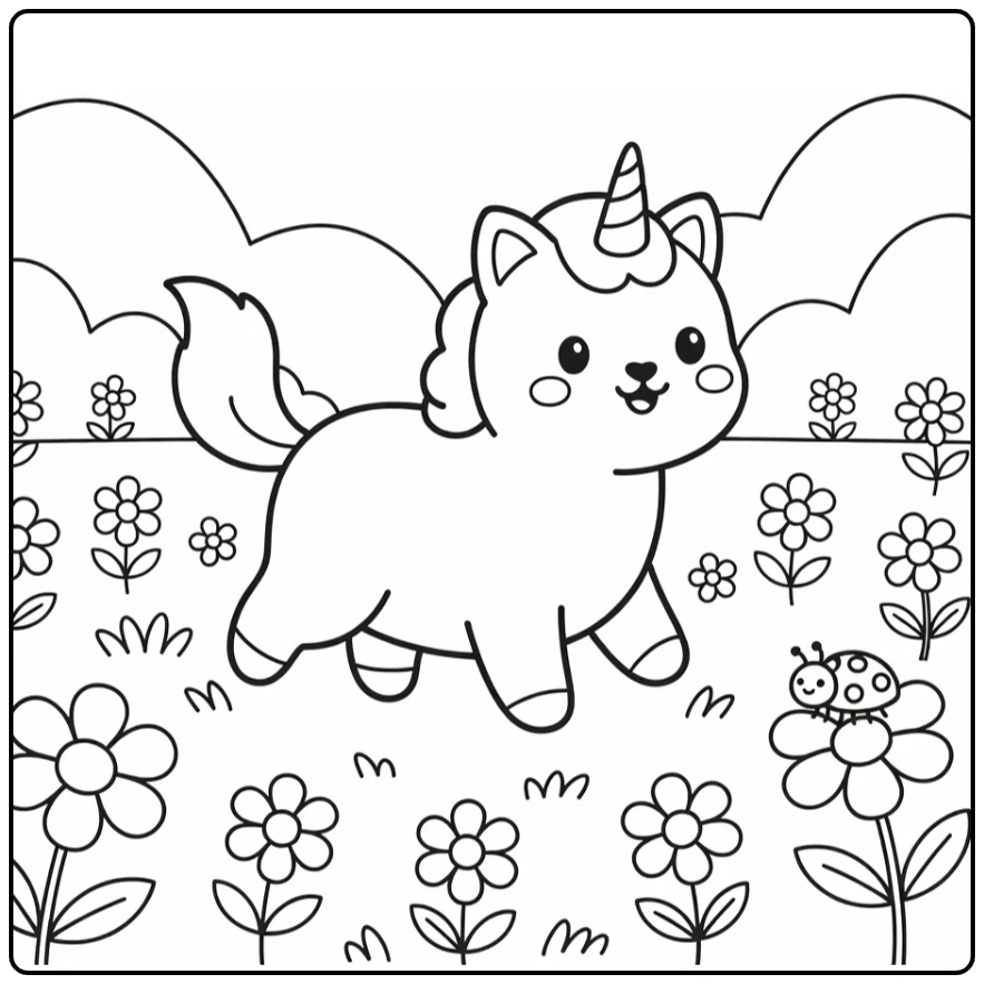Unicorn cat coloring pages: trotting in flower meadow
