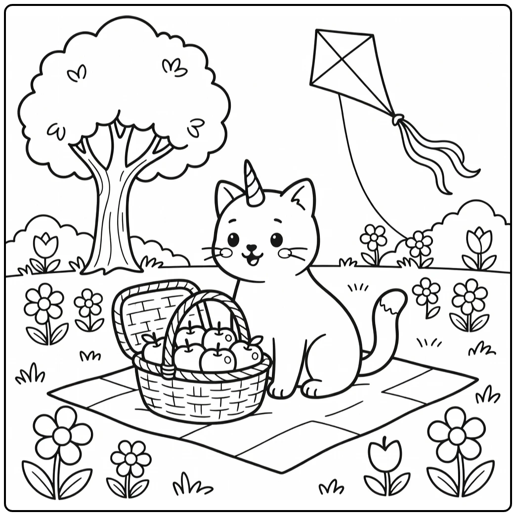 unicorn cat coloring pages: picnic blanket, apple basket