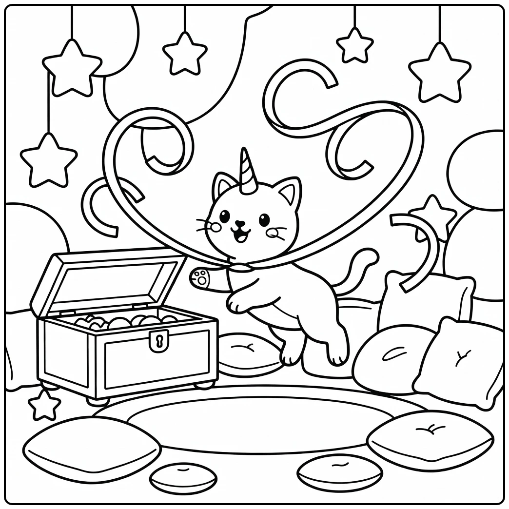 Unicorn cat coloring pages: chasing ribbon in cozy playroom