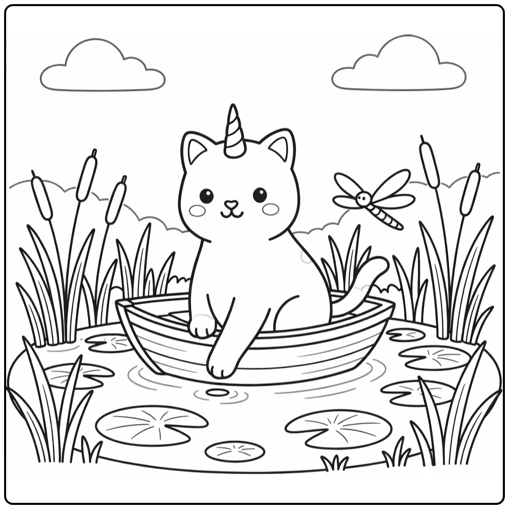 Unicorn cat coloring pages: cat in rowboat on pond