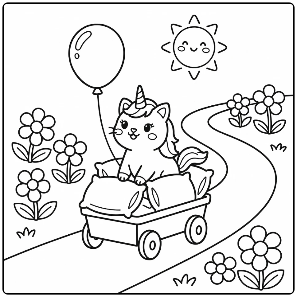 Unicorn cat coloring pages: cat in pillow wagon eyeing balloon