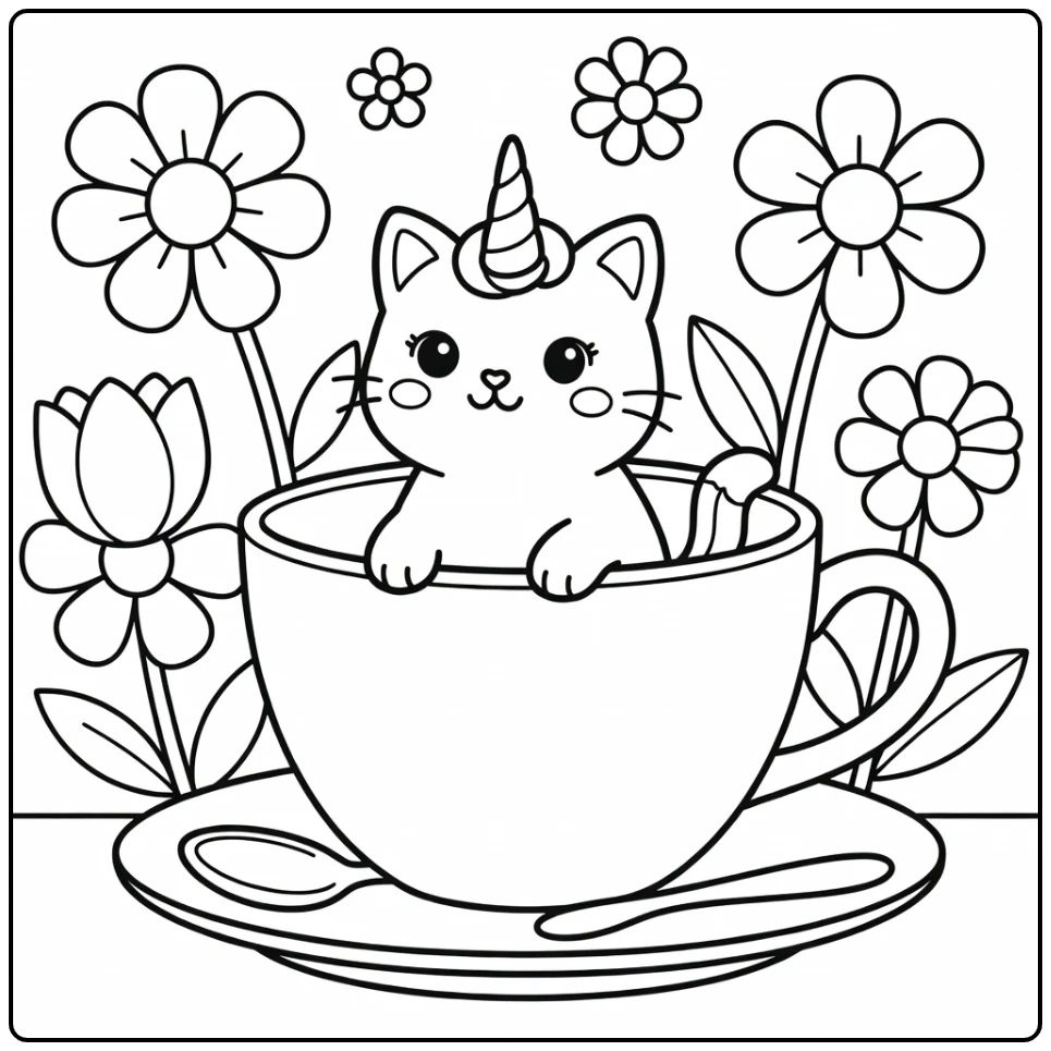 unicorn cat coloring pages: peeking from giant teacup