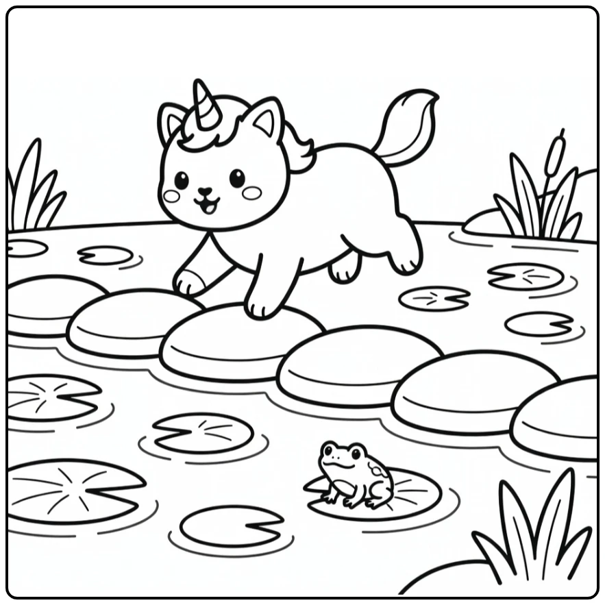 Unicorn cat hopping on stepping stones over pond, unicorn cat coloring pages