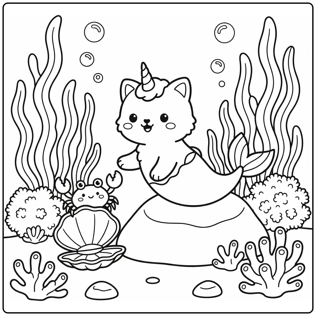 Unicorn cat mermaid coloring pages: paw to crab on clam underwater