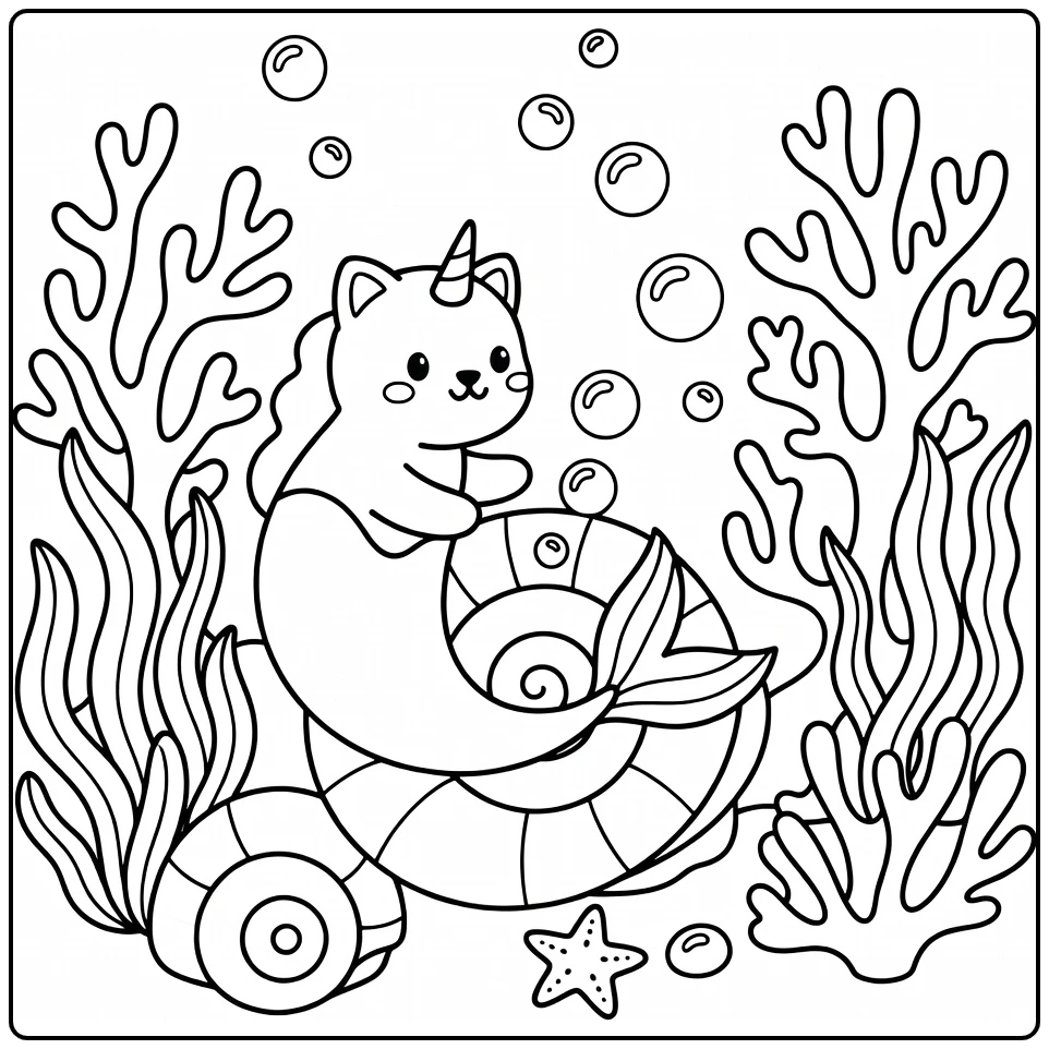 Unicorn cat mermaid coloring pages: spiral glide chasing bubbles