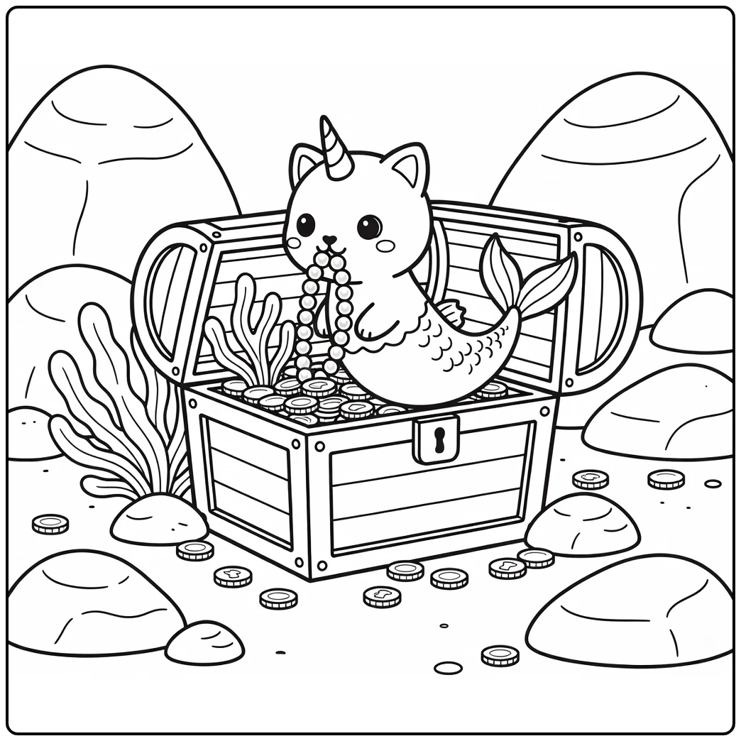Unicorn cat mermaid coloring pages: nudging pearls from chest