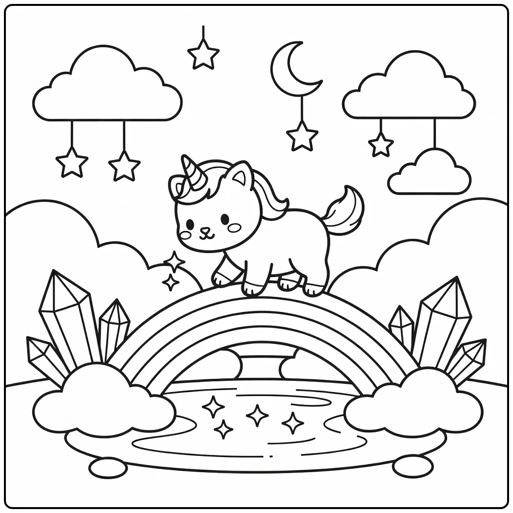Unicorn kitten coloring pages: crossing rainbow bridge over clouds