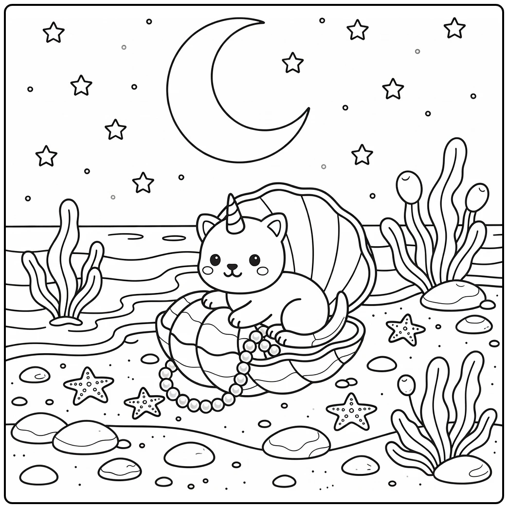 unicorn kitten coloring pages: curled in seashell on shore
