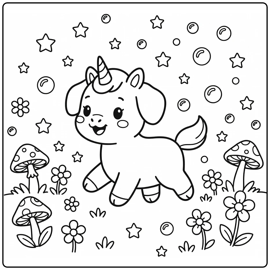 Unicorn Puppy Coloring Page prancing in dreamy garden with stars