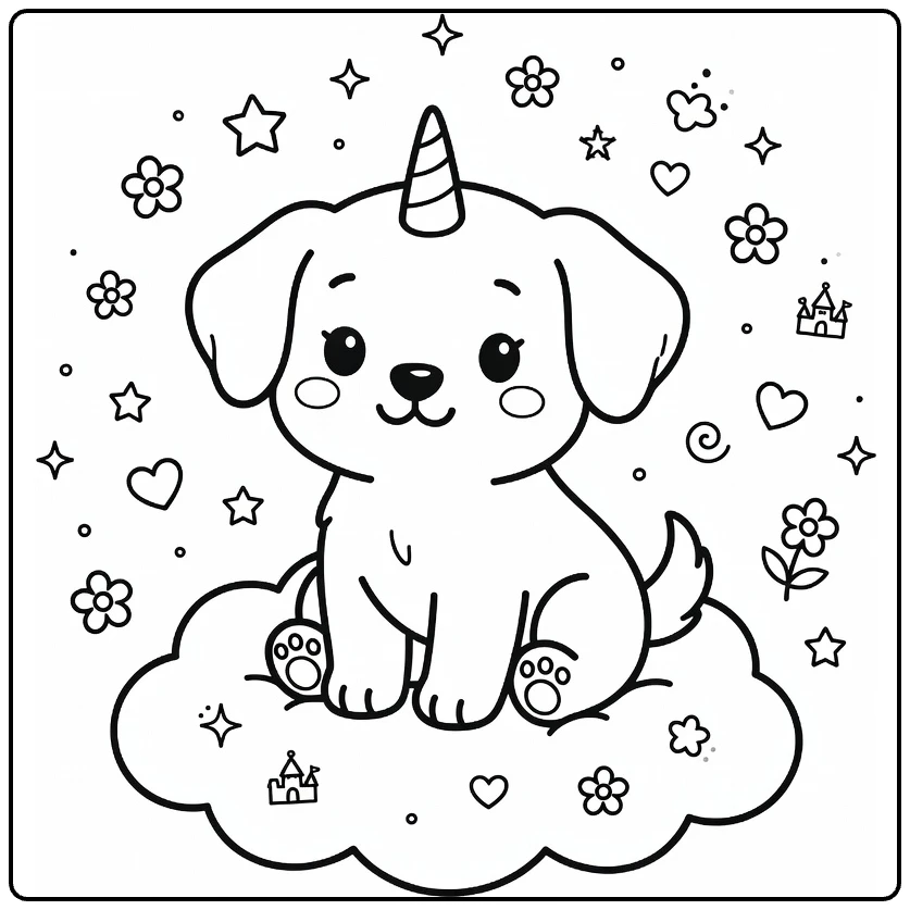 Unicorn Puppy Coloring Page: magical pup on cloud with stars