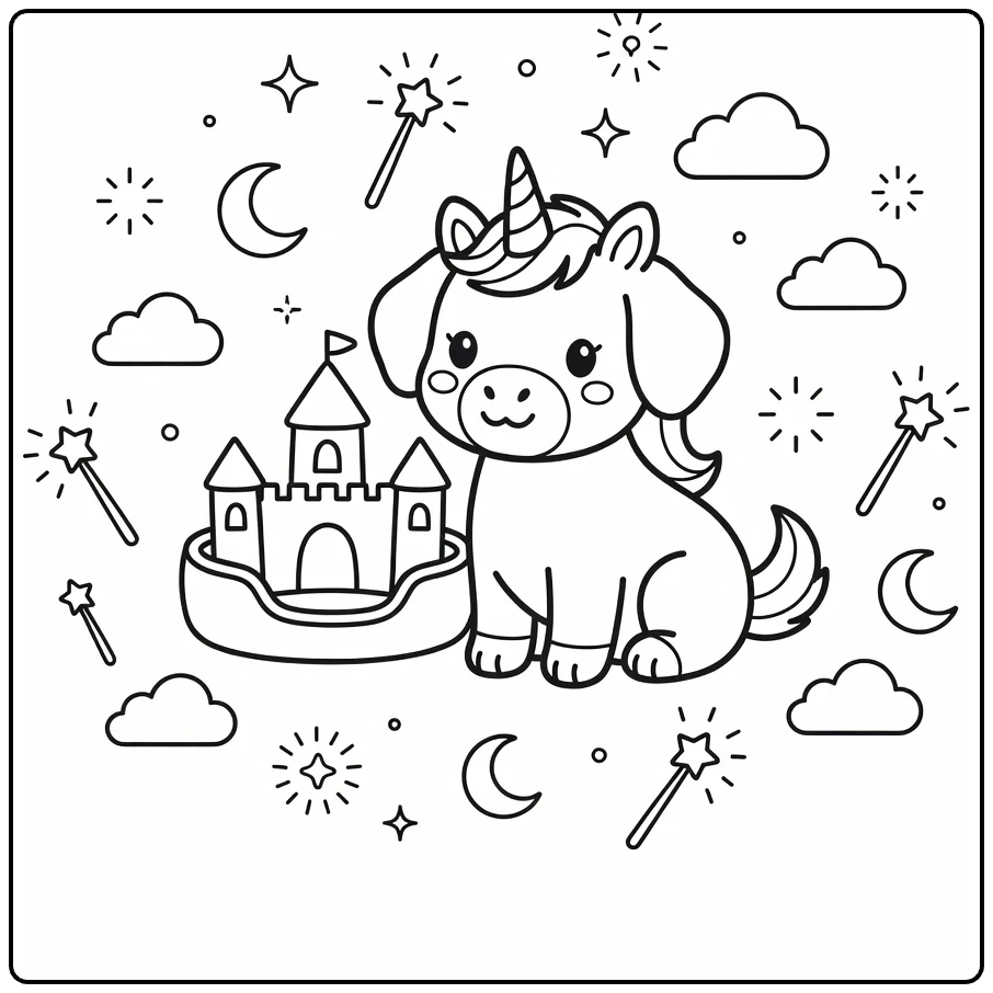 Unicorn Puppy Coloring Page: cute pup by castle bed with wands, moons