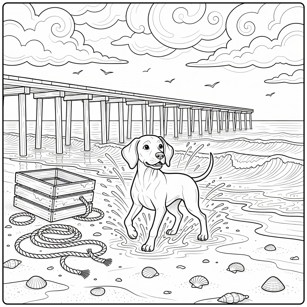 Realistic dog coloring page for adults: Vizsla shaking rain