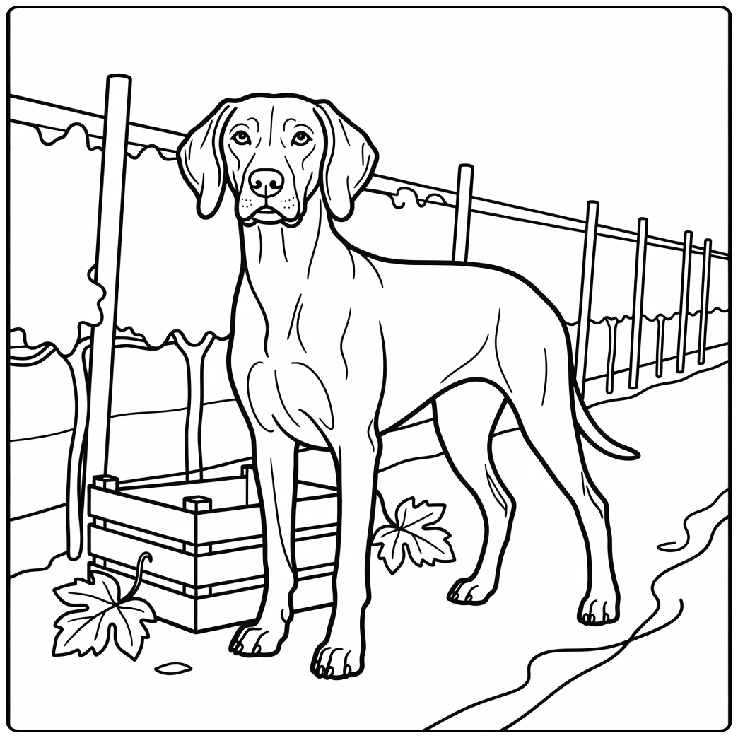 A Weimaraner in a vineyard realistic dog coloring page.