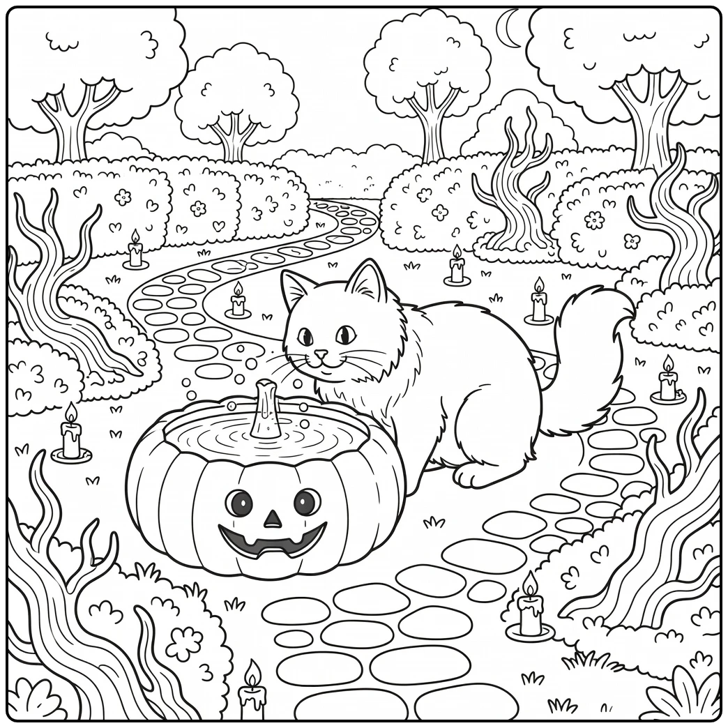 Halloween cat coloring pages: Maine Coon by pumpkin fountain