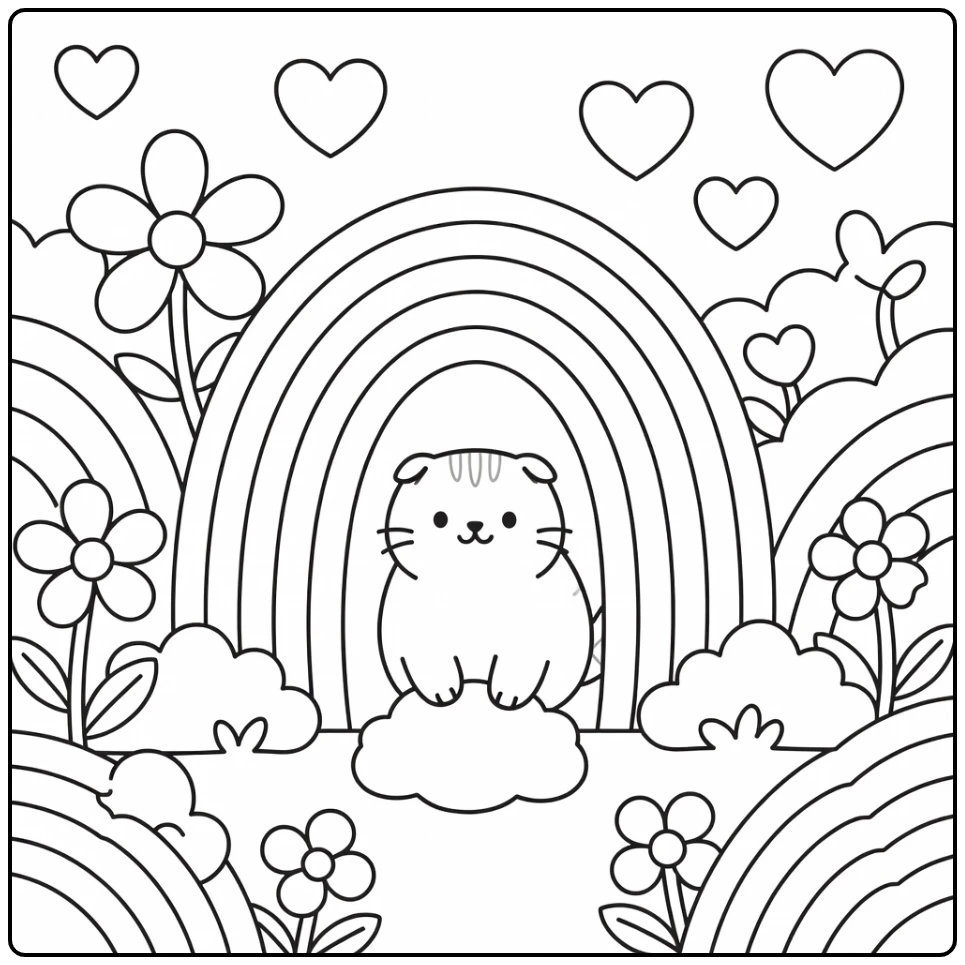 Rainbow cat coloring pages: Scottish Fold peeks from rainbow door