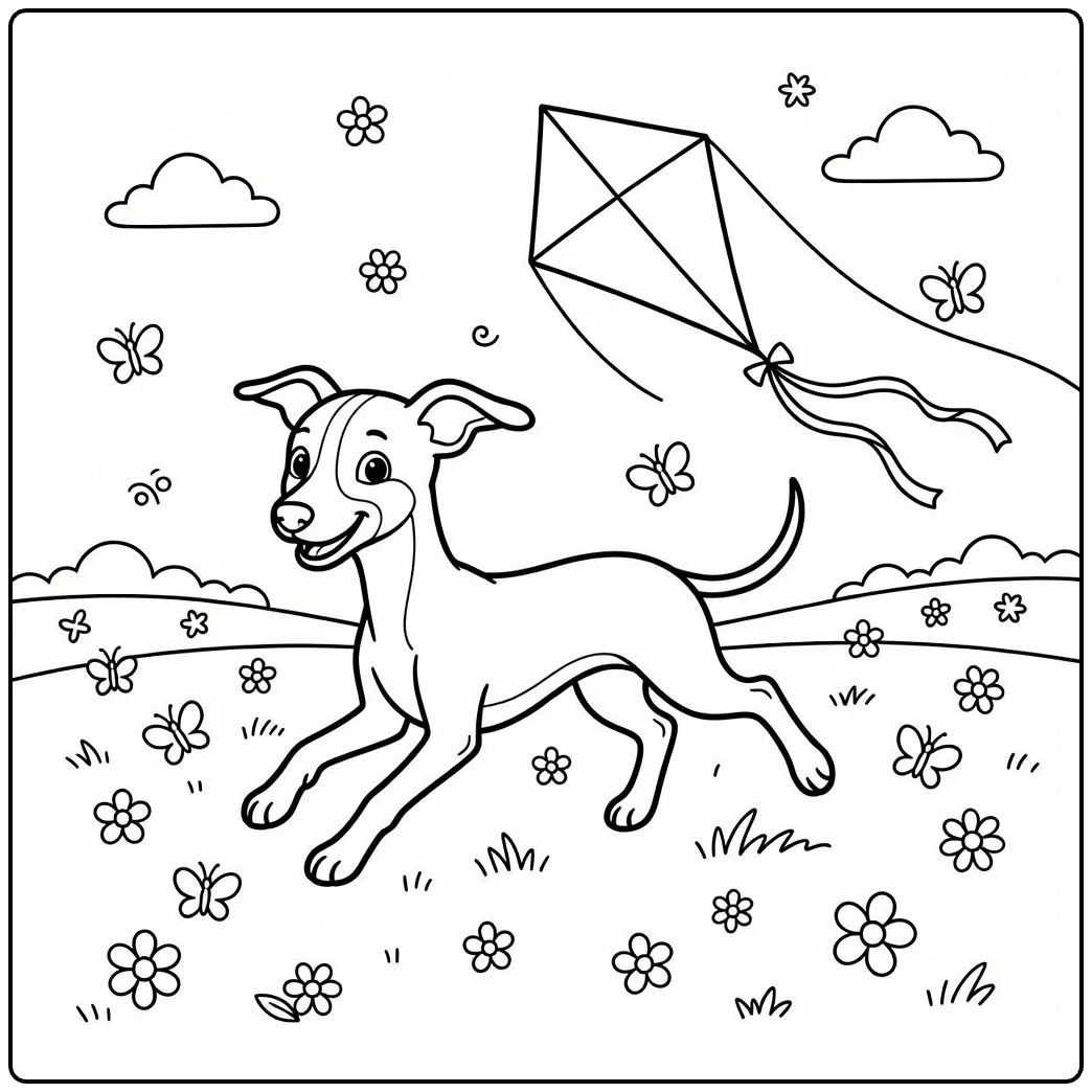 Puppy coloring page: whippet running beside kite in meadow
