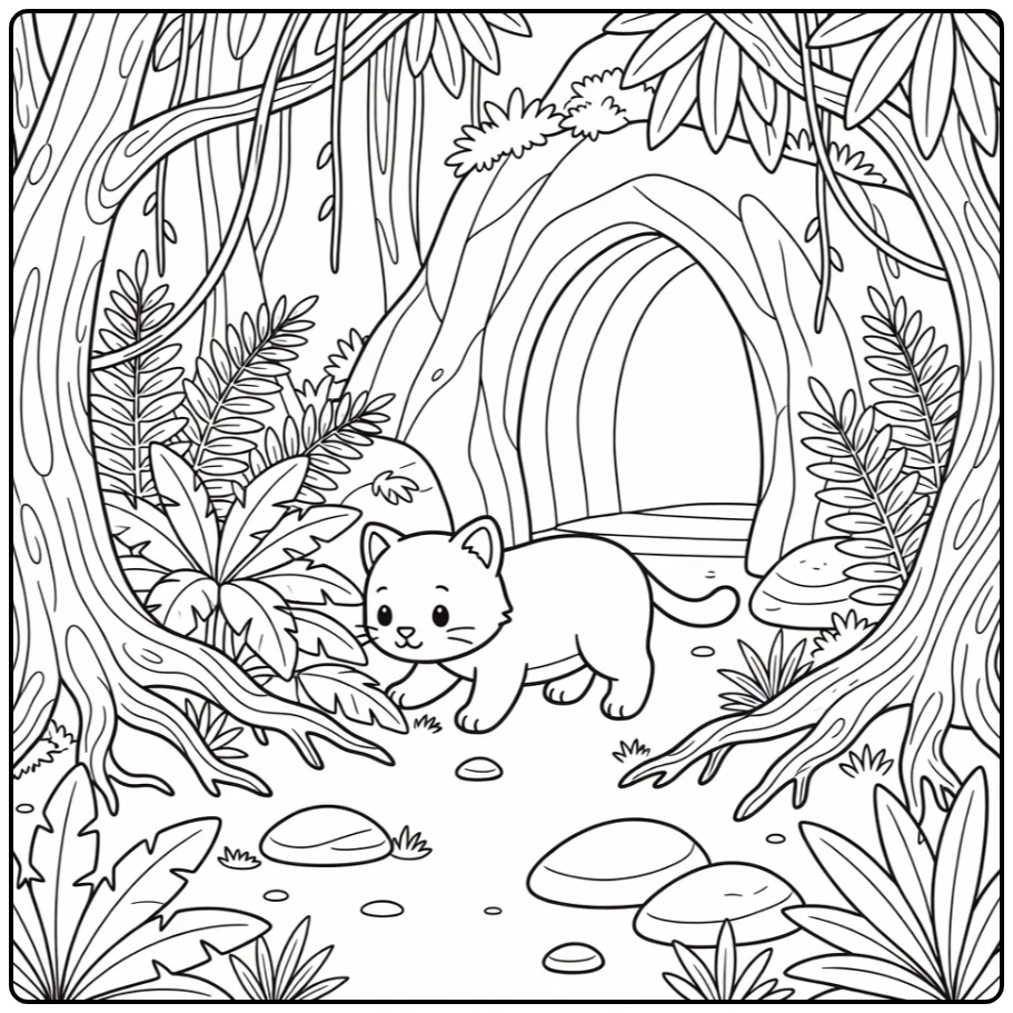 Wild cat coloring pages: curious feline in jungle cave