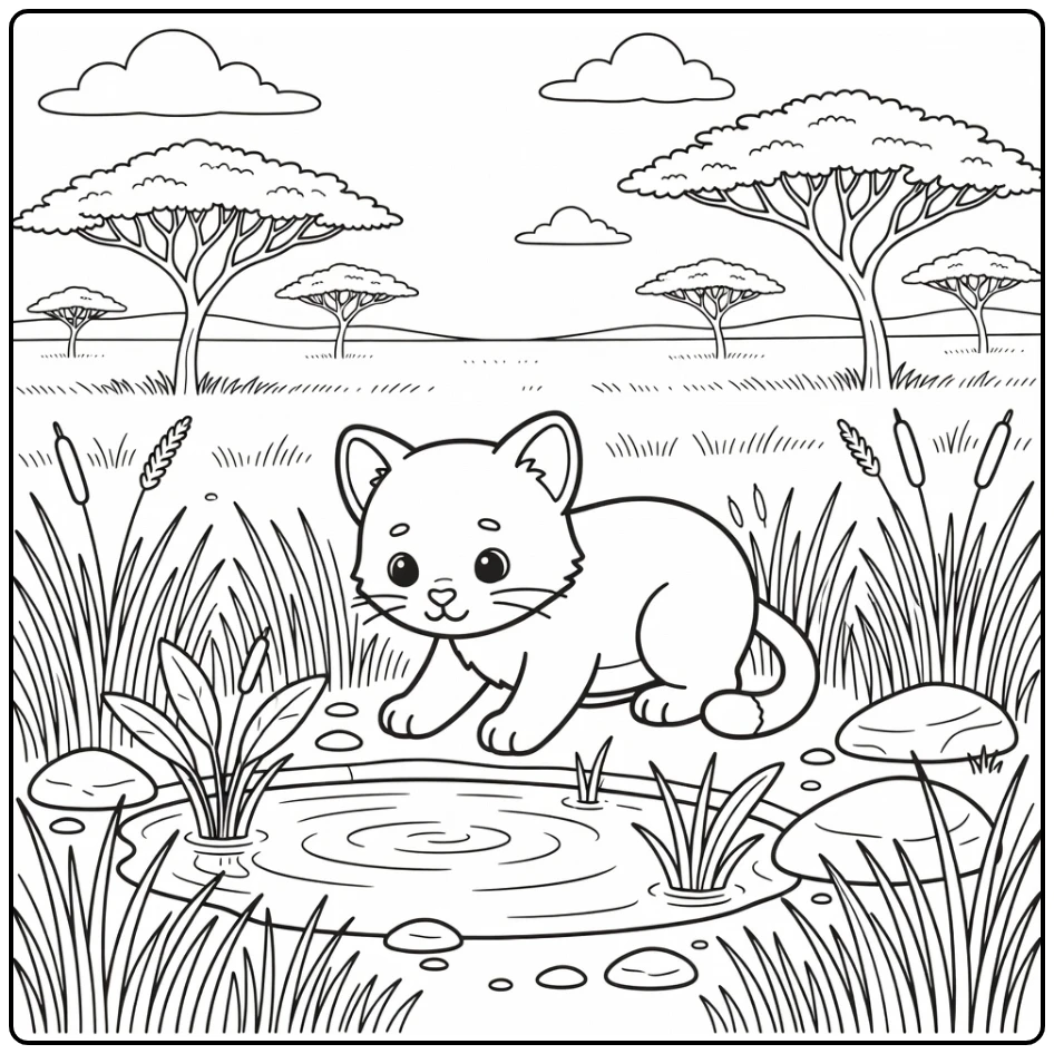 Wild cat coloring pages: crouching in savanna grass by watering hole