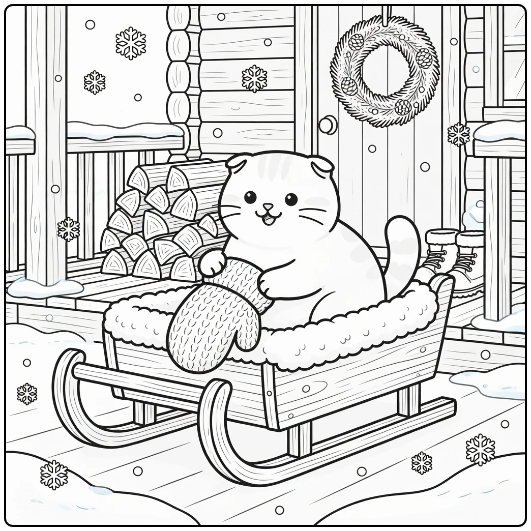 Scottish Fold cat in snowy sled - winter cat coloring pages