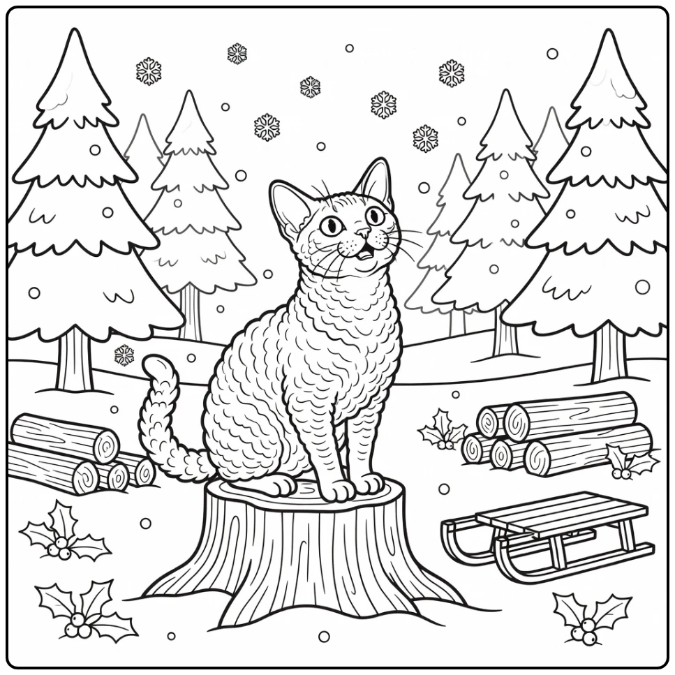 Winter cat coloring pages: Cornish Rex on snowy stump