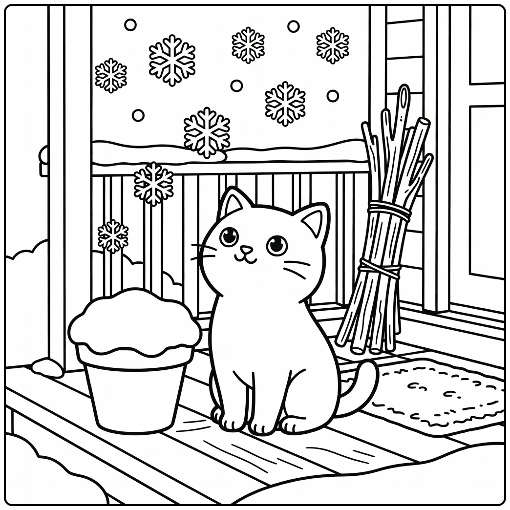 Cat watching snowflakes by snowy flowerpot on porch, cat coloring pages
