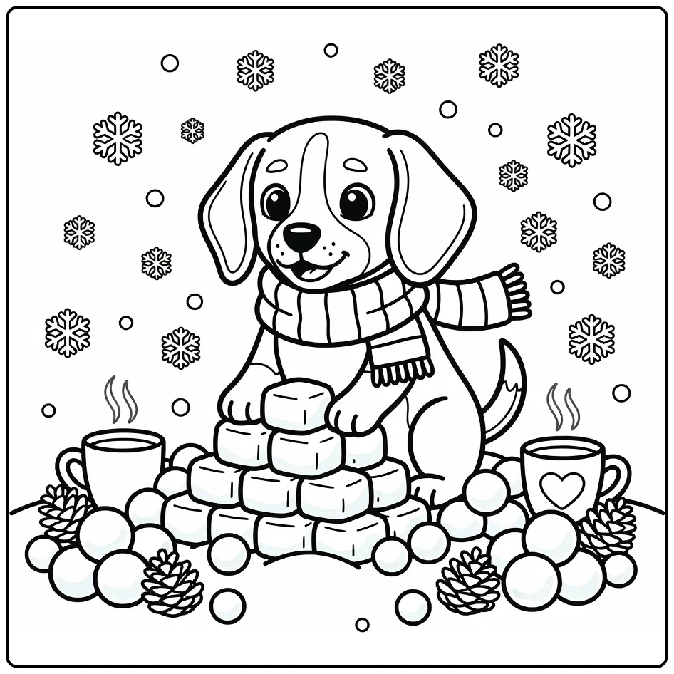 Winter Dog coloring page: Cute Beagle builds snow fort, scarf