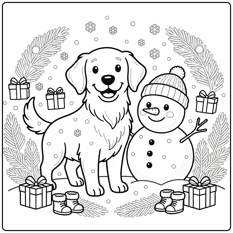 Winter Dog coloring page: Golden Retriever with snowman
