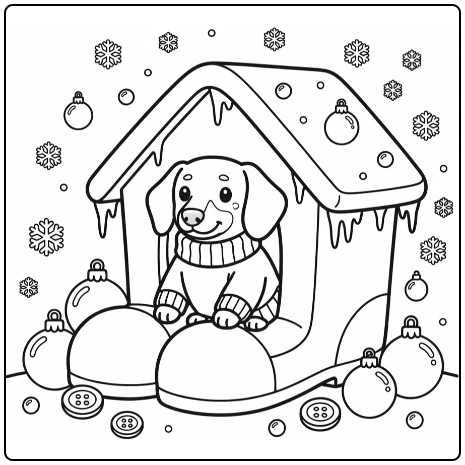 Winter Dog coloring page: Dachshund in sweater peeking from snowy boot
