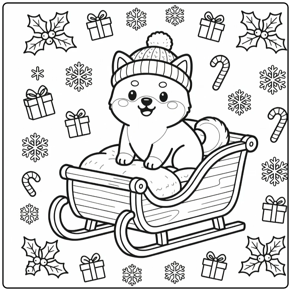 Winter Dog coloring page: Shiba Inu in sleigh with gifts