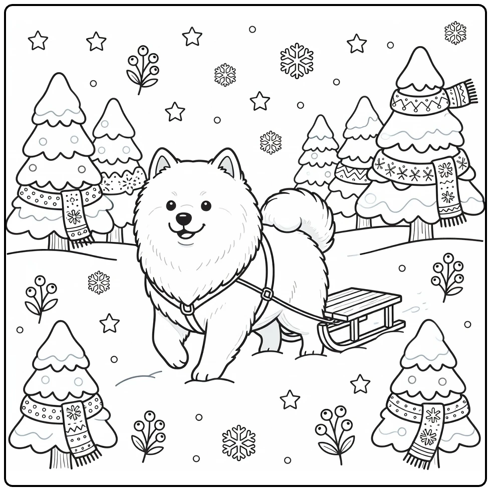 Winter Dog coloring page: Samoyed pulls sled in snow