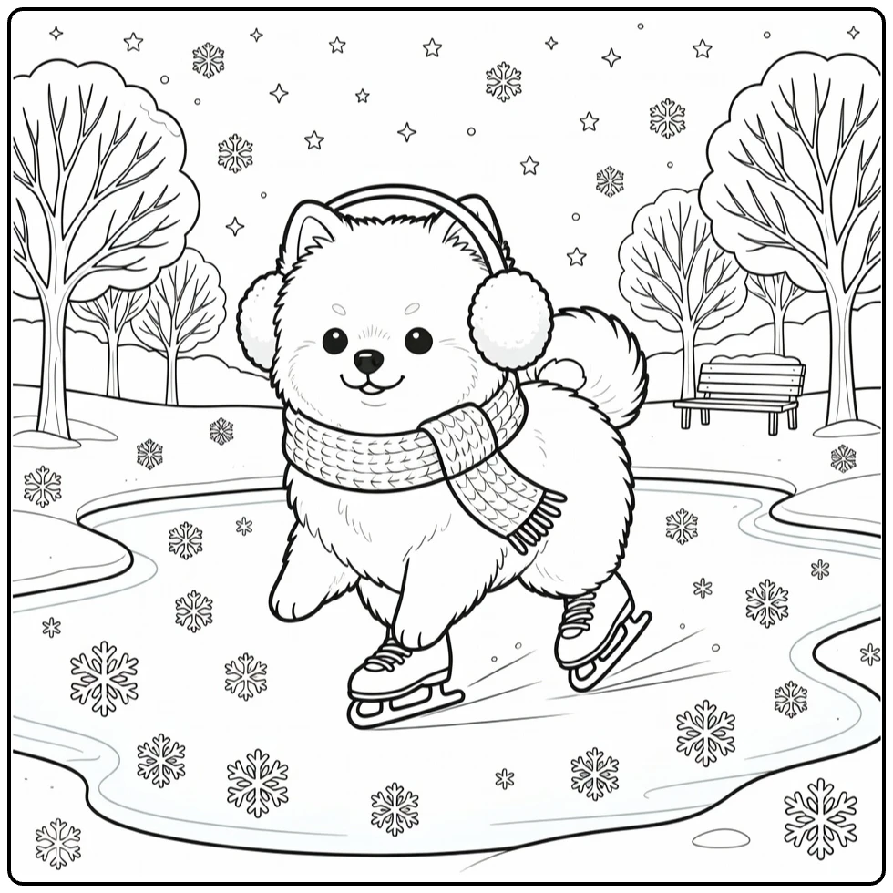 Winter Dog coloring page: Pomeranian ice skating in winter