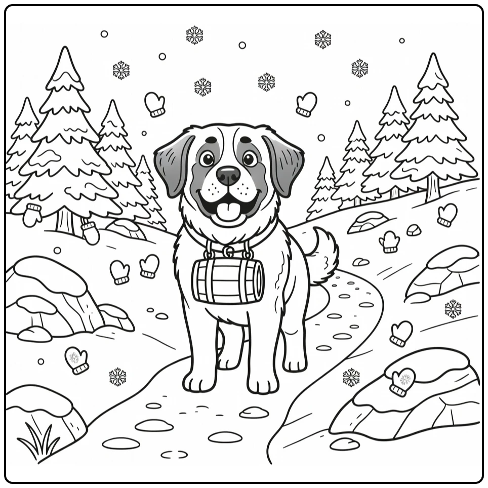 Winter Dog coloring page: Saint Bernard with barrel on snowy trail