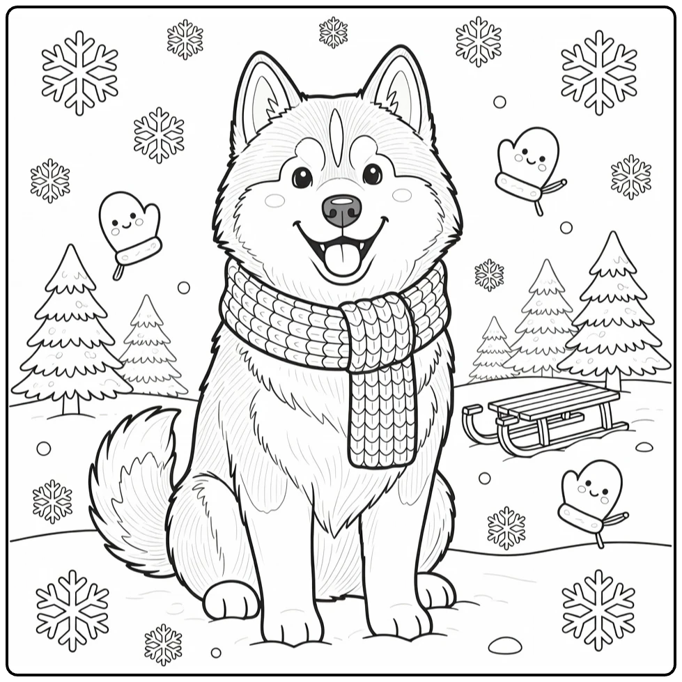 Winter Dog coloring page: Husky in snow with scarf, sled