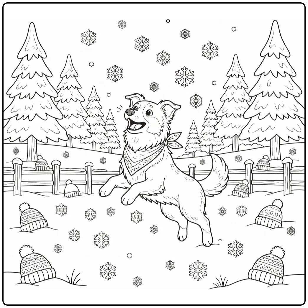 Winter Dog coloring page: Border Collie catching snowflakes