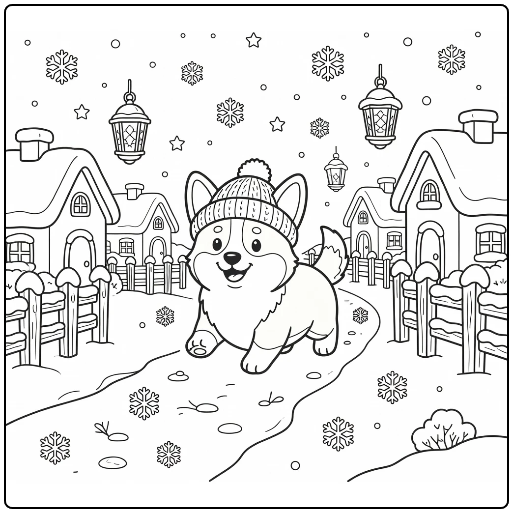 Winter Dog coloring page: Corgi trotting snowy village path