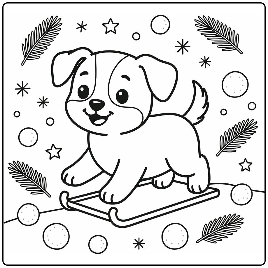 Winter Puppy Coloring Page: Playful pup on sled with snowballs