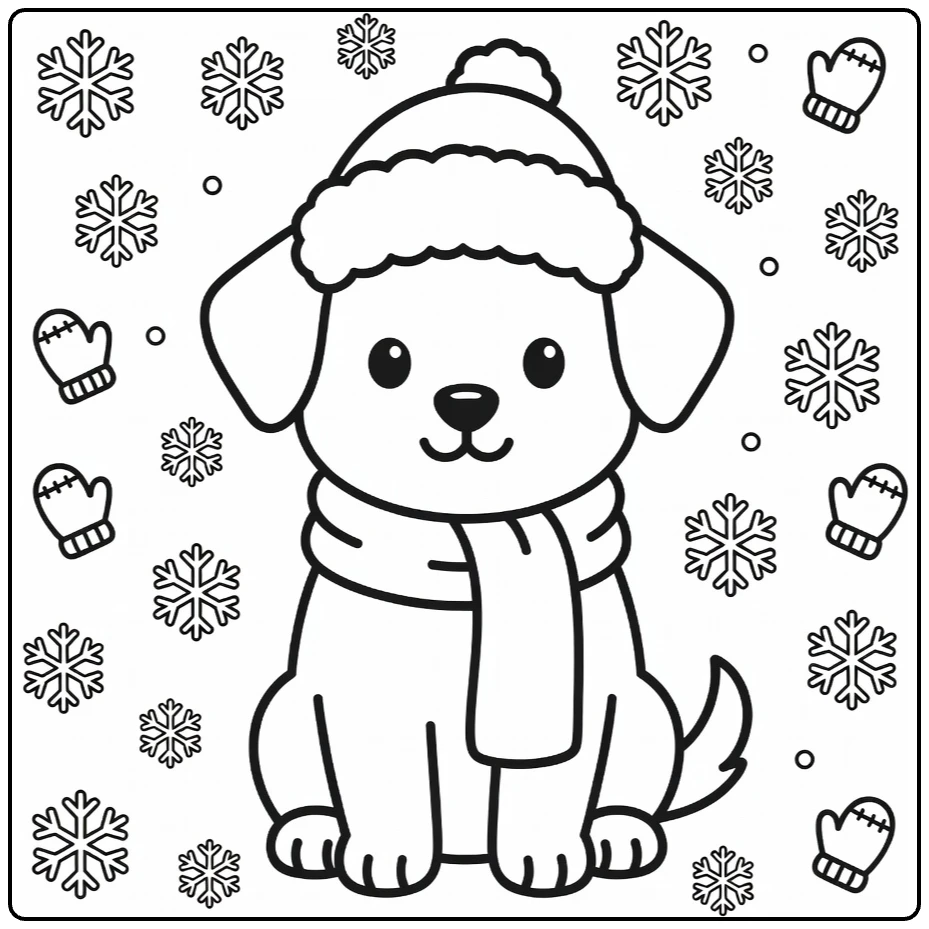 Winter Puppy Coloring Page: pup in hat, scarf by snowflakes