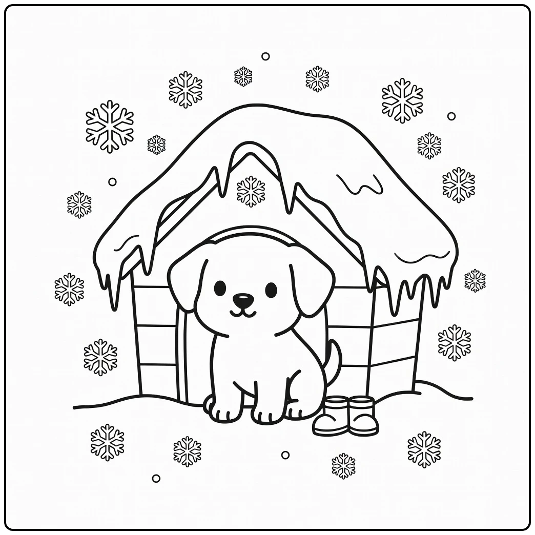 Winter Puppy Coloring Page: cozy pup in snowy doghouse