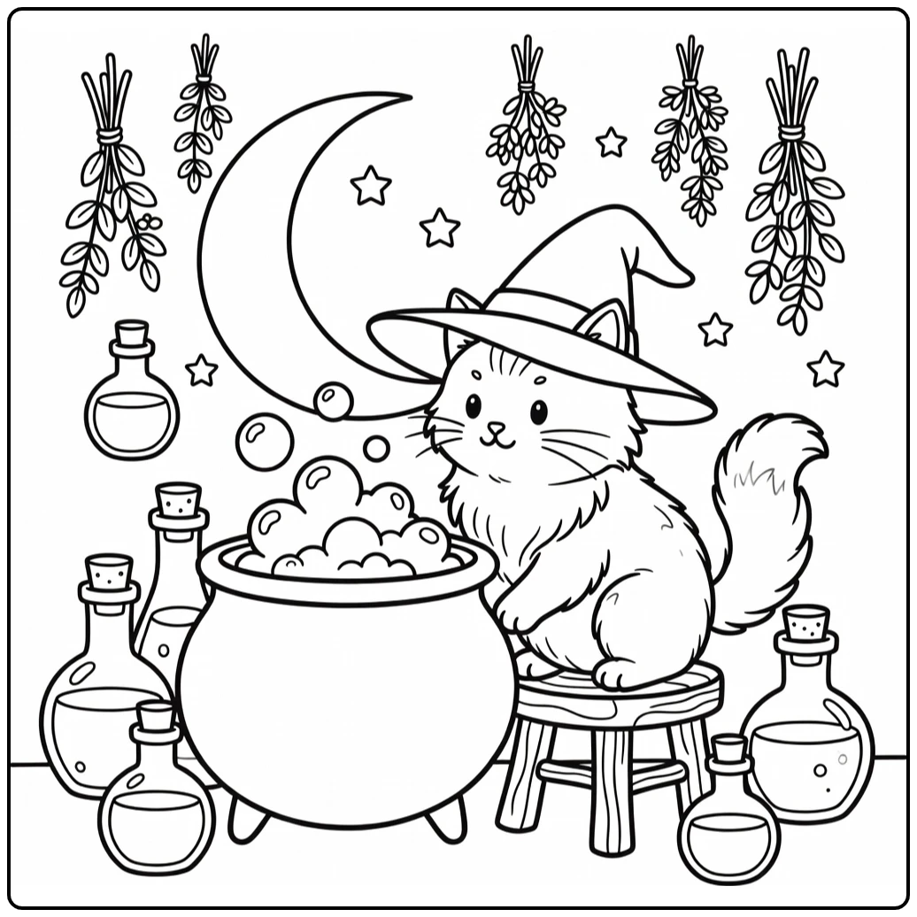 Witch cat coloring pages: curious feline in hat peeks at cauldron