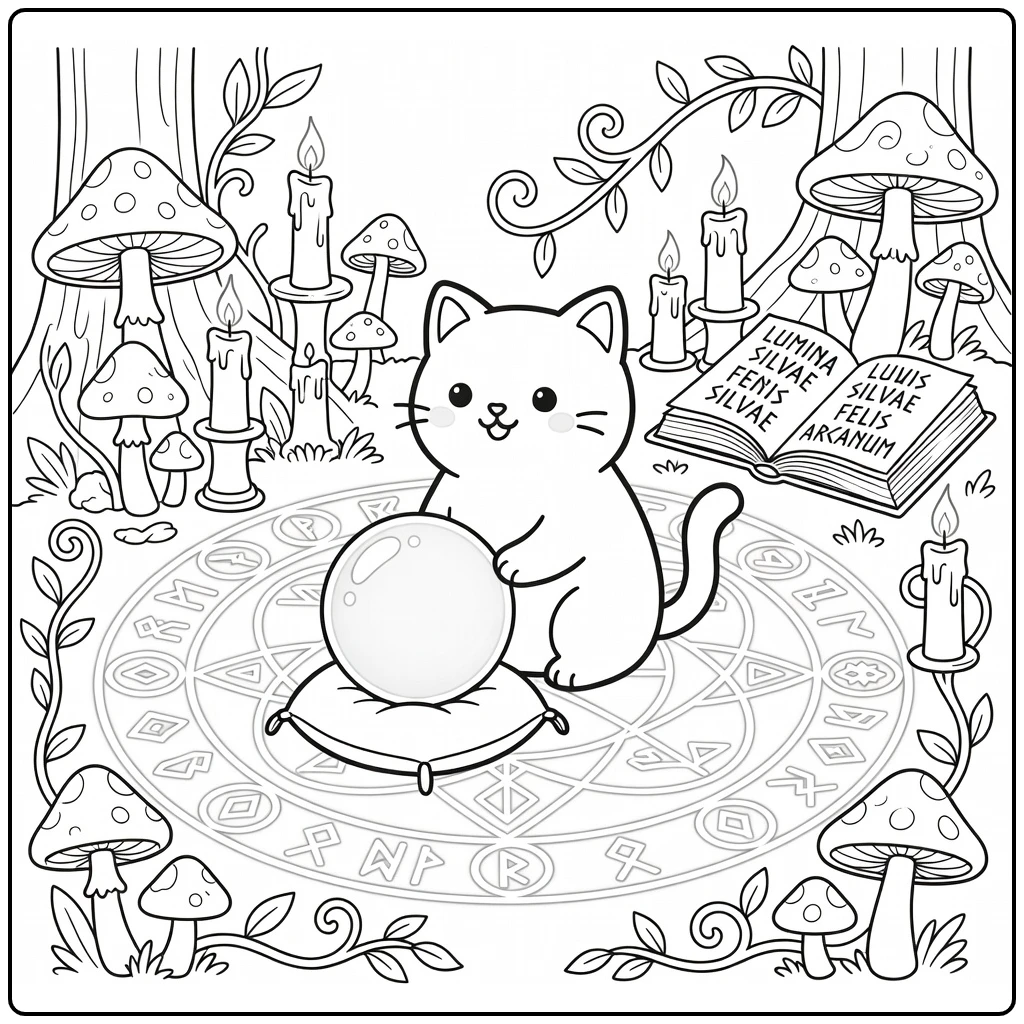 Witch cat coloring pages: cat in spell circle pawing crystal ball