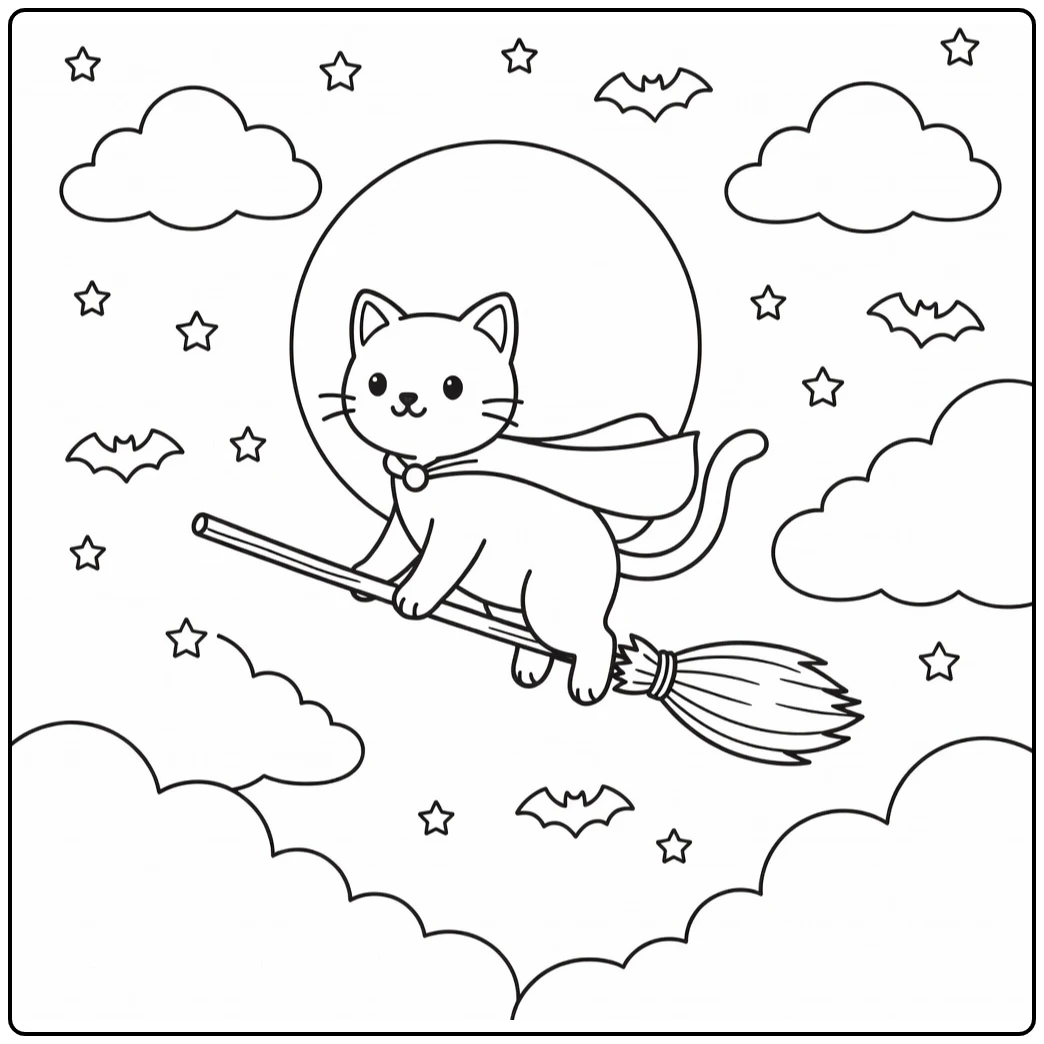 Witch cat coloring pages: cat on broom flying under moon