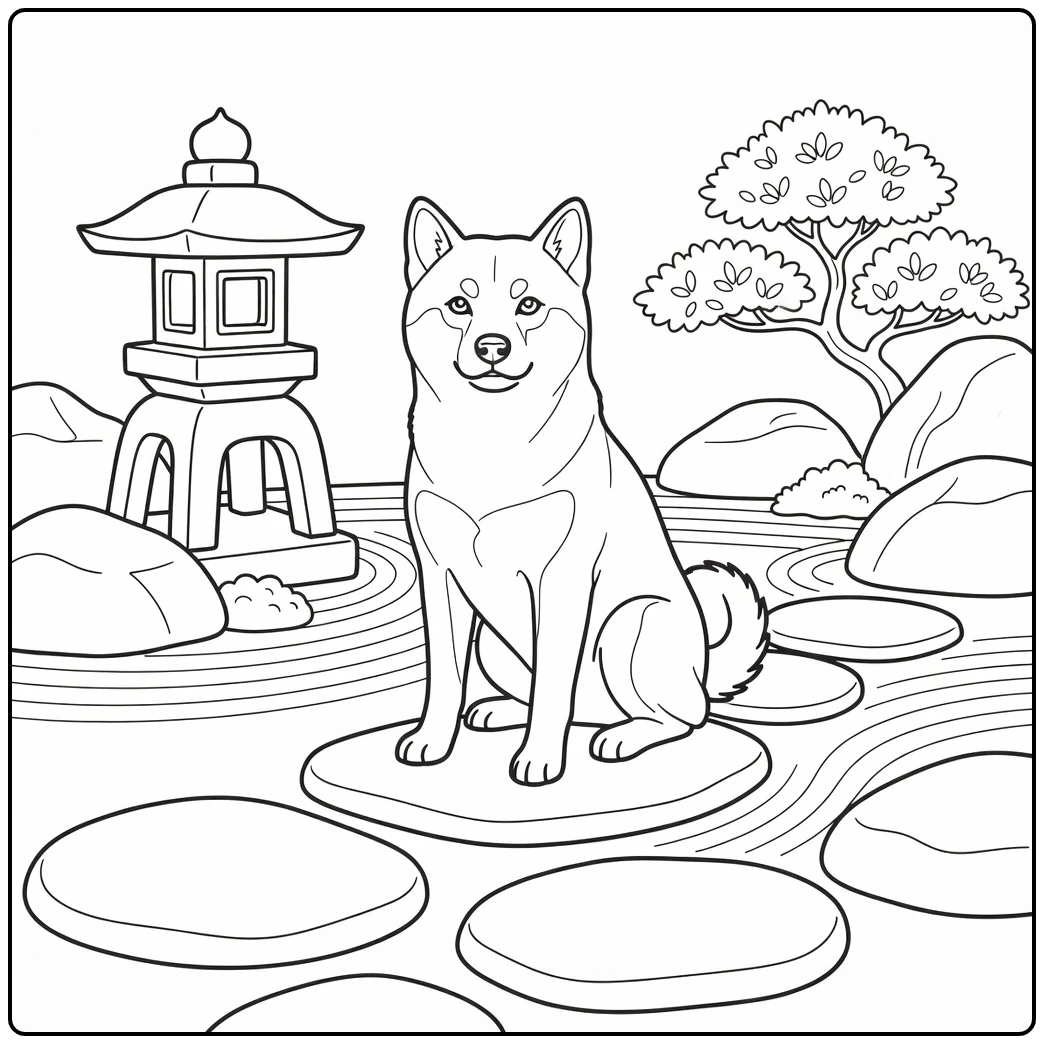 A Shiba Inu in a zen garden realistic dog coloring page.