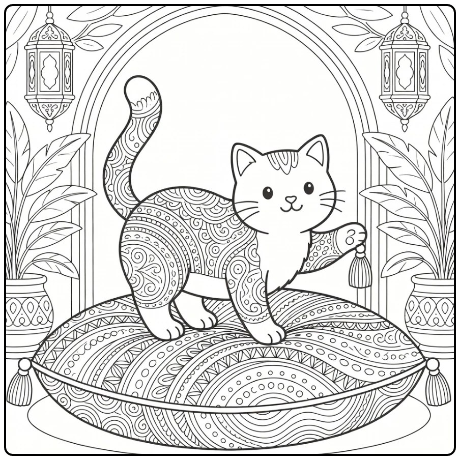 Zentangle cat coloring pages: playful arched cat on cushion