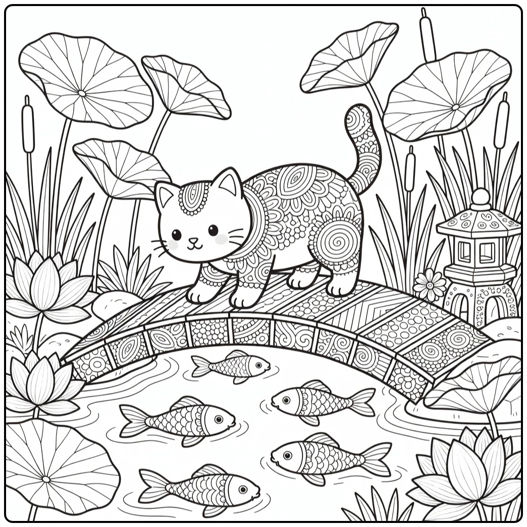 Zentangle cat coloring pages: cat on curved bridge over koi ripples