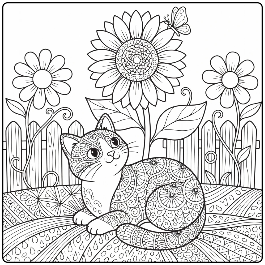 Zentangle cat coloring pages: cat curls by sunflower, eyes butterfly